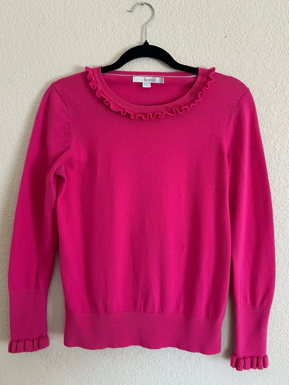 Boden Hot Pink Bernadette Ruffle Knit Sweater, Size 10, Fuchsia Wool Cotton Blen